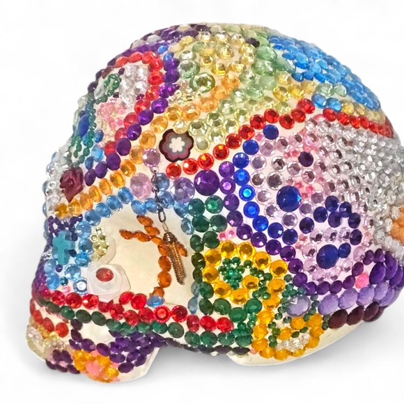 Day Of The Dead Rainbow Rhinestones 3D Fullsize Bling Ceramic Skull Handcrafted - Picture 6 of 13